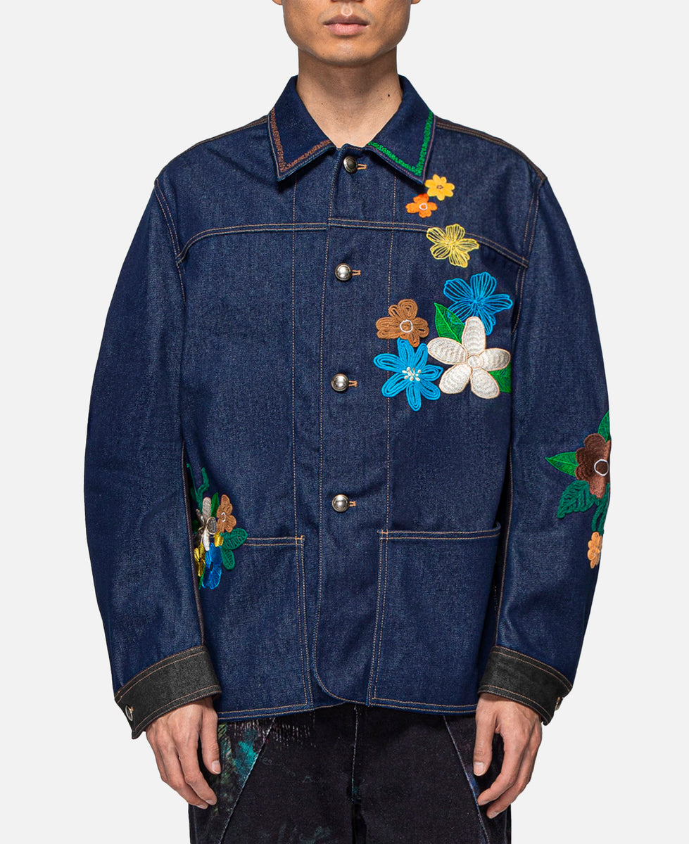 Flower Embroidered Chore Jacket (Blue)