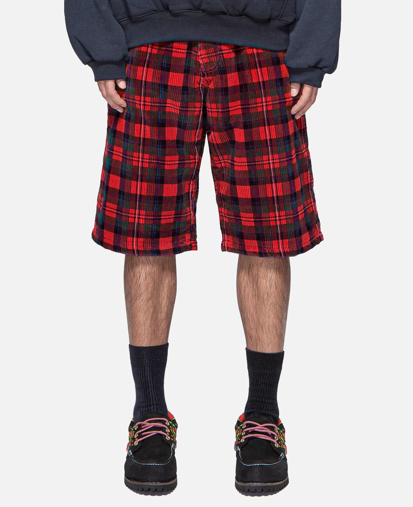 Unisex Plaid Corduroy Woven Shorts  (Red)